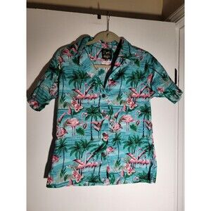 Bennys Hawaiian Shirt Womens XS Blue Flamingo Palm Tree Floral Tropical USA Made